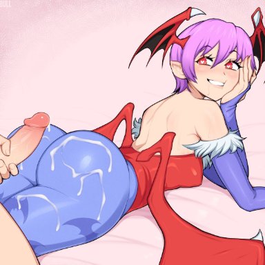 1boy, 1girls, afrobull, arm gloves, ass, bat print, blue pantyhose, blush, clothed female nude male, cum, cum on ass, darkstalkers, demon wings, drooling, female