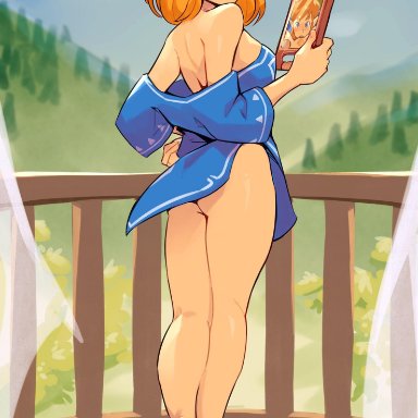 artist name, ass, balcony, bare shoulders, barefoot, blonde hair, blurry, blurry background, blush, braid, breasts, breath of the wild, breath of the wild 2, cunnilingus, field