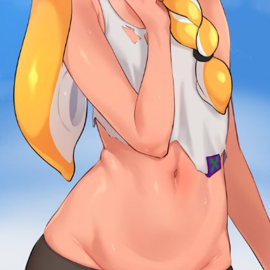 1futa, bangs, blonde hair, blue background, blush, braid, bulge, cephalopod, cephalopod humanoid, clothed, clothing, colored tongue, domino mask, erection, erection under clothes