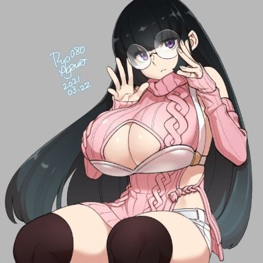 1girls, black hair, breasts, cleavage, cleavage cutout, clothing, female, female only, glasses, huge breasts, legwear, long hair, looking at viewer, purple eyes, ryo agawa