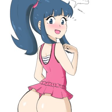 1girls, ass, back, back view, backside, blue hair, dawn (pokemon), embarrassed, english, english text, fat ass, female, female focus, female only, light skin