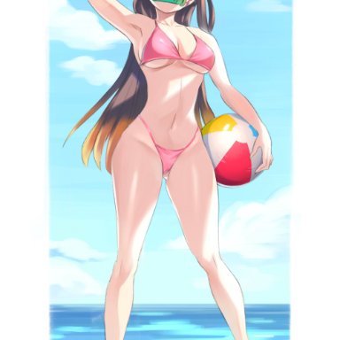 1girls, armpits, barefoot, beach, beach ball, bikini, cameltoe, cleavage, dark hair, gag, gyugyu, hand on head, holding, holding object, hourglass figure