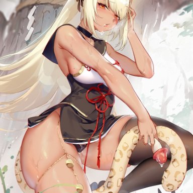 after masturbation, animal ears, animistic, bangs, bare shoulders, black choker, black legwear, black panties, black sailor collar, breasts, chains, character request, choker, dark skin, dark skinned female