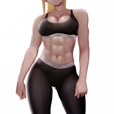 abs, blonde hair, blue eyes, calvin klein, looking at viewer, metroid, nintendo, ponytail, samus aran, simple background, underwear, white background, yoga pants, zaki btw