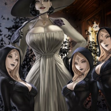 4girls, alcina dimitrescu, big breasts, bigger female, black hair, black lipstick, blonde hair, breasts, busty, capcom, choker, cleavage, clothed, clothing, corsage