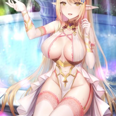 arm up, bare shoulders, blonde hair, breasts, cleavage, collarbone, dress, elf, fairy, female, fountain, garter straps, gold trim, groin, headdress