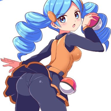 1girls, ace trainer (pokemon bw), ace trainer (pokemon), ass, blue eyes, blue hair, breasts, cougar (cougar1404), creatures (company), drill hair, female focus, female only, from behind, game freak, holding