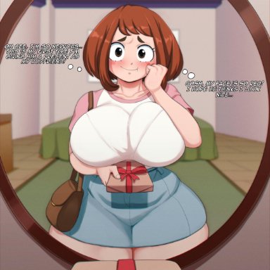 1girls, blackwhiplash, blush, brown hair, english text, my hero academia, ochako uraraka, short hair, wide hips, wide thighs