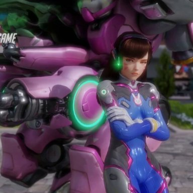 asian female, blizzard entertainment, brown hair, close-up, d.va, facial markings, lvl3toaster, overwatch, pubic hair, pussy, ripped clothing, roadhog, sound, tits, video