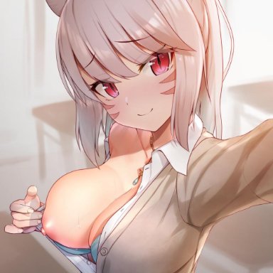 animal ears, bangs, bare shoulders, blue bra, bra, breasts, cardigan, classroom, cleavage, closed mouth, clothes pull, collarbone, collared shirt, eyebrows visible through hair, female