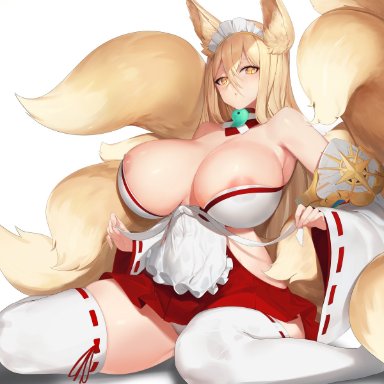 absurdres, animal ear fluff, animal ears, apron, areolae, bangs, bare shoulders, breasts, cleavage, collarbone, detached sleeves, eyebrows visible through hair, female, fox ears, fox girl