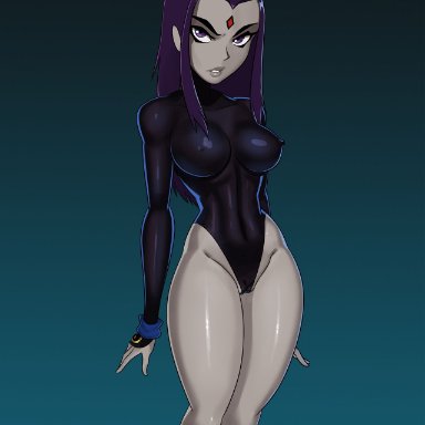 1girl, 1girls, black leotard, cartoon network, dc, dc comics, demon girl, female, forehead jewel, grey skin, leotard, long hair, medium breasts, nipples visible through clothing, purple eyes