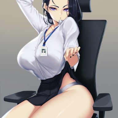 arm up, bare legs, black hair, black nails, black skirt, blueorca, breasts, chair, collared shirt, eyelashes, female, grey background, hand on own head, highres, huge breasts