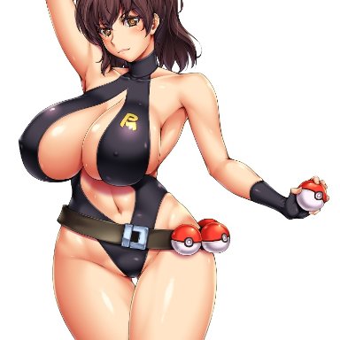 1girls, ameoto, big breasts, breasts, brown eyes, brown hair, cleavage, female only, fingerless gloves, gloves, huge breasts, kasumi (pokemon), large breasts, legs, nipple bulge