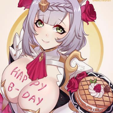 big breasts, birthday, blush, body writing, breastplate, breasts, cake, cleavage, draltruist, english text, female, food, genshin impact, green eyes, large breasts