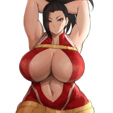 1girls, areola slip, areolae, armpits, arms behind head, arms up, batako, black hair, blush, breasts, center opening, chest strap, cleavage, curvaceous, female