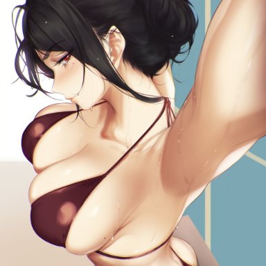 armpits, ass, bangs, bare shoulders, bikini, black hair, blueorca, blush, breasts, cleavage, collarbone, female, halter top, halterneck, highres