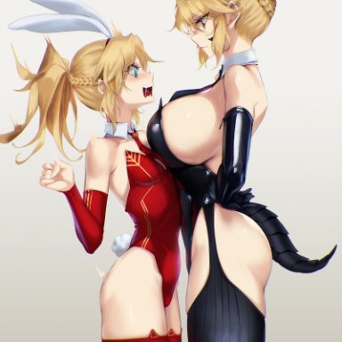 2girls, alternate costume, animal ear legwear, animal ears, artoria pendragon, artoria pendragon (lancer alter), ass, asymmetrical docking, bangs, bare shoulders, black gloves, black neckwear, blonde hair, blueorca, braid