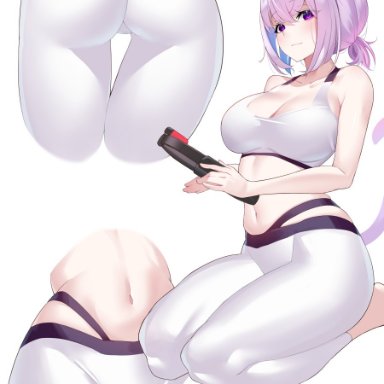 alternate costume, animal ears, ass visible through thighs, barefoot, blush, breasts, cat ears, cat tail, catgirl, cleavage, closed mouth, clothing, collarbone, crop top, eyebrows visible through hair