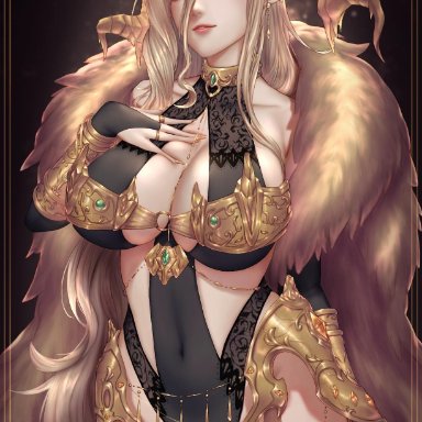 armor, belly button, black legwear, blonde hair, bracelet, cleavage, earrings, eyelashes, female, female focus, female only, fur, fur coat, gloves, gold