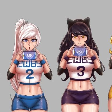 4girls, abs, absurd res, aestheticc-meme, ahoge, areolae, artist name, big breasts, black hair, blake belladonna, blonde hair, blue eyes, breasts, brown hair, clothing