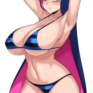 armpit, arms behind head, arms up, big breasts, clothed female, female, female focus, female only, jmg, legwear, long hair, nipples visible through clothing, panty (psg), panty & stocking with garterbelt, solo