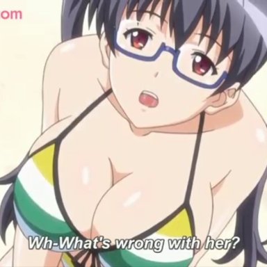 1boy, 1girls, ahe gao, anime (hentai), anus, beach, big breasts, big butt, big penis, bikini, blowjob, blush, blushing, breasts apart, censored