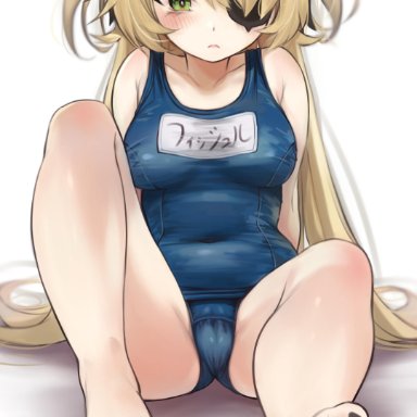 absurdres, bangs, bare shoulders, barefoot, black nails, blonde hair, blush, breasts, cameltoe, eyepatch, feet, female, fischl (genshin impact), genshin impact, green eyes