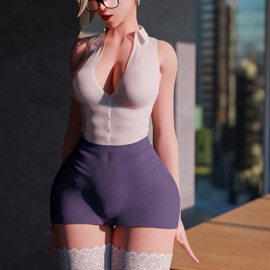 alenabyss, cleavage, glasses, mercy, overwatch, short skirt, thighhighs, translucent clothing