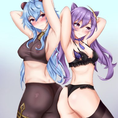 2girls, ass, ass press, ass to ass, bell, big ass, blue hair, choker, collar, female only, ganyu (genshin impact), genshin impact, horns, keqing (genshin impact), lingerie