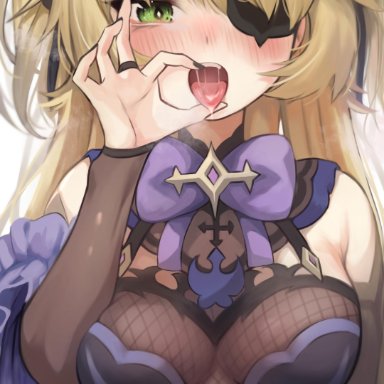 absurdres, bangs, bare shoulders, blonde hair, blush, bow, breasts, dress, elbow gloves, eyepatch, fellatio gesture, female, fischl (genshin impact), genshin impact, gloves