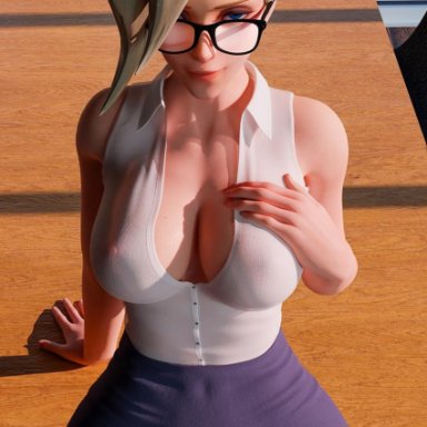 alenabyss, alternate costume, blue eyes, cleavage, exposed nipples, glasses, looking at viewer, mercy, overwatch, short skirt, translucent clothing