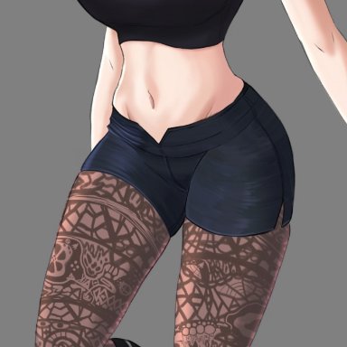 1girls, belt, big breasts, black footwear, black shirt, black shorts, breasts, brown legwear, byleth (female), byleth (fire emblem), byleth (fire emblem) (female), cleavage, cleavage cutout, clothing cutout, commentary