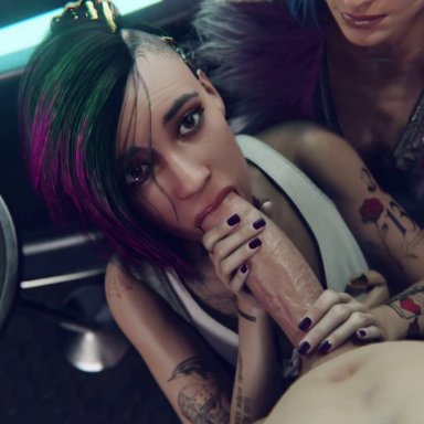 1boy, 2girls, 3d, animated, big penis, black nails, blowjob, blue hair, brown eyes, clothed, clothed female nude male, cyberpunk 2077, evelyn parker, fellatio, female