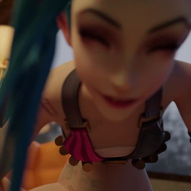 3d, animated, bare legs, bare midriff, bare thighs, blue hair, blurry background, bottomless, bra, cowgirl position, crazy eyes, erection, exposed pussy, focus, hands on chest