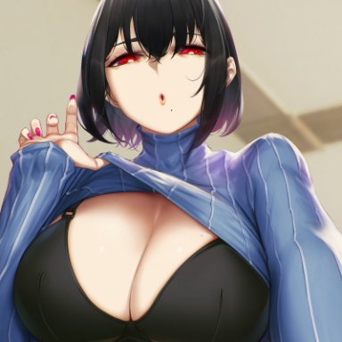 bangs, black bra, black hair, blue sweater, blueorca, bra, breasts, clothes lift, commentary, female, highres, indoors, large breasts, lifted by self, mole