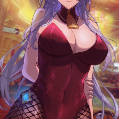 absurdres, ahoge, animal ears, arms behind back, bangs, bare shoulders, bell, black legwear, blue hair, blush, breasts, bunny ears, cleavage, closed mouth, collarbone