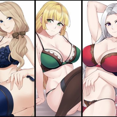 5girls, aslindsamure, ass, bare midriff, bare thighs, big ass, big breasts, blonde hair, blue eyes, byleth (female), byleth (fire emblem), byleth (fire emblem) (female), edelgard (fire emblem), edelgard von hresvelg, female only