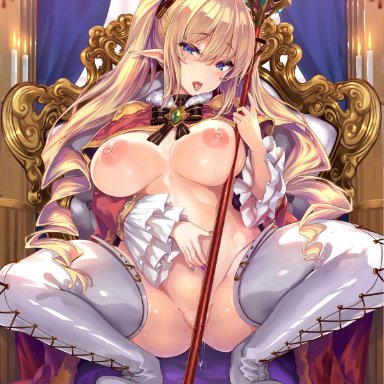 heels, naked cape, nipples, pointy ears, pussy juice, shiokonbu, thighhighs, weapon