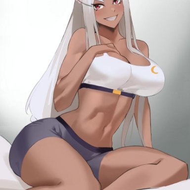 animal ears, bare shoulders, belly, breasts, eyebrows, eyelashes, female, female focus, female only, kisou, light skin, light-skinned female, long hair, looking at viewer, miruko