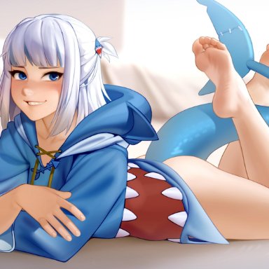 absurdres, bangs, barefoot, blue eyes, blue hoodie, blurry, blurry background, commentary, feet, female, fish tail, full body, gawr gura, grin, highres