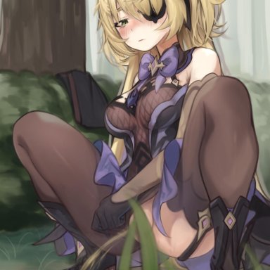 absurdres, black footwear, black legwear, black leotard, blonde hair, blush, boots, bow, bowtie, breasts, bush, dress, eyepatch, female, fischl (genshin impact)