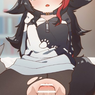 1boy, animal ear fluff, animal ears, animated, bangs, bar censor, black hair, black legwear, blinking, blush, censored, choker, clothed sex, female, hololive