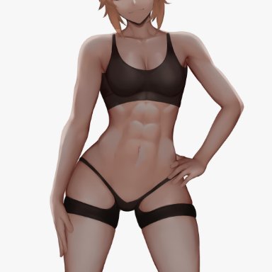 abs, arm on hip, arm on thigh, belly, belly button, black bra, black panties, black sports bra, black underwear, blonde hair, bra, closed mouth, collarbone, eyebrows, eyebrows visible through hair