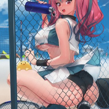 against fence, ass, azur lane, bare shoulders, beach, blurry, bottle, bow, breasts, bremerton (azur lane), bremerton (scorching-hot training) (azur lane), chain-link fence, covered erect nipples, crop top, crop top overhang