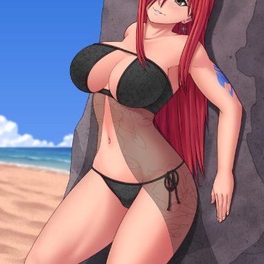 babydoll, beach, cleavage, erza scarlet, fairy tail, hair over one eye, huge breasts, long hair, red hair, rocky-ace, tattoo, voluptuous