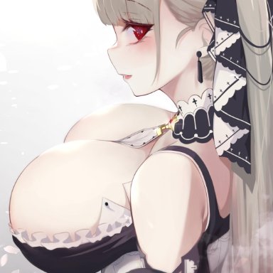absurdres, azur lane, bangs, between breasts, black dress, blush, breasts, cleavage, commentary request, dress, earrings, eyebrows visible through hair, female, formidable (azur lane), frilled dress