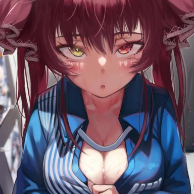 :o, absurdres, alternate costume, bangs, black legwear, blue shirt, blurry, blurry background, blush, breasts, cleavage, collarbone, collared shirt, commentary request, employee uniform