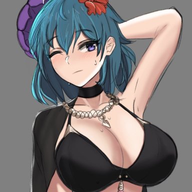 1girls, alternate costume, arm up, big breasts, bikini, bikini top, black bikini, blue hair, blush, breasts, byleth (female), byleth (fire emblem), byleth (fire emblem) (female), cleavage, desspie