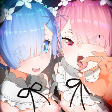 2girls, black background, blue eyes, blue hair, blush, breasts, breasts outside, cum, cum on breasts, eyebrows visible through hair, hair ornament, hair ribbon, hairband, looking at viewer, maid